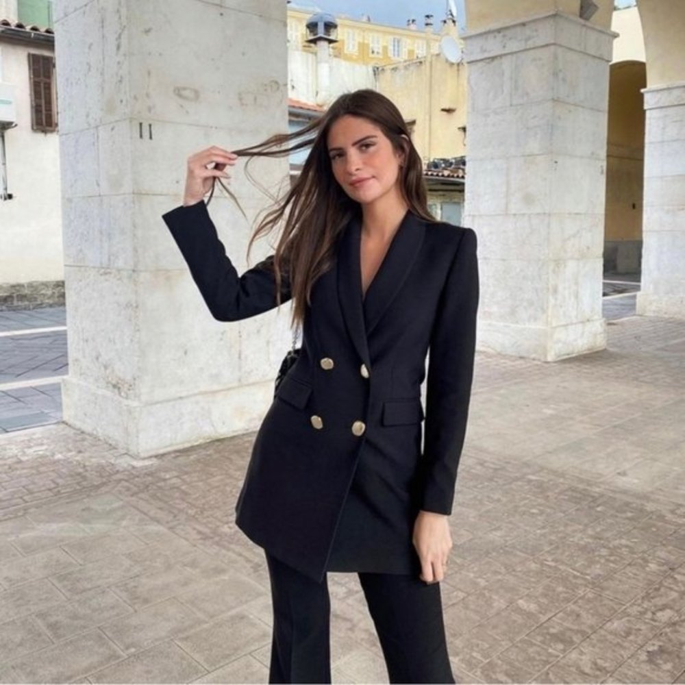 NWT * Zara Double Breasted Long Blazer Jacket Black Size S